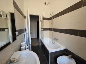 Een douche, een haardroger, een bidet, handdoeken
