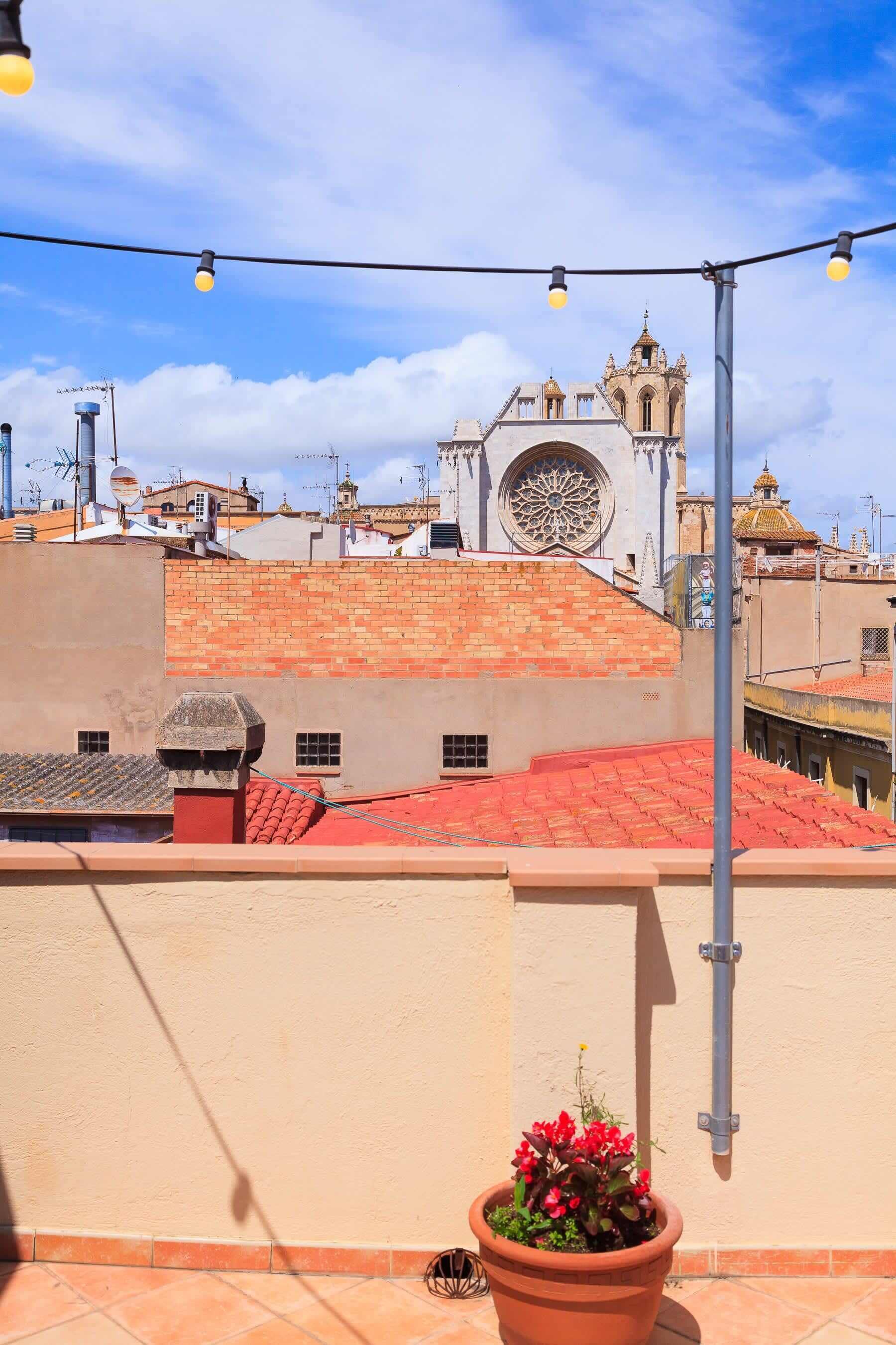 Une terrasse sur le toit agrémentée de plantes en pot, d’une guirlande lumineuse et offrant une vue sur un bâtiment historique doté d’une grande fenêtre circulaire et de coupoles.