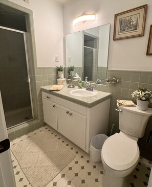 Douche, séchoir à cheveux, serviettes fournies, savon
