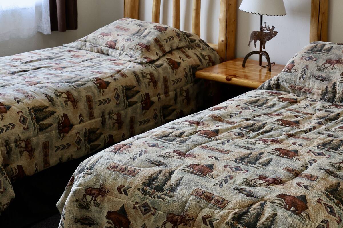 Een kamer met twee bedden, een houten hoofdbord, een nachtkastje met een lamp en een ingelijst schilderij aan de muur.