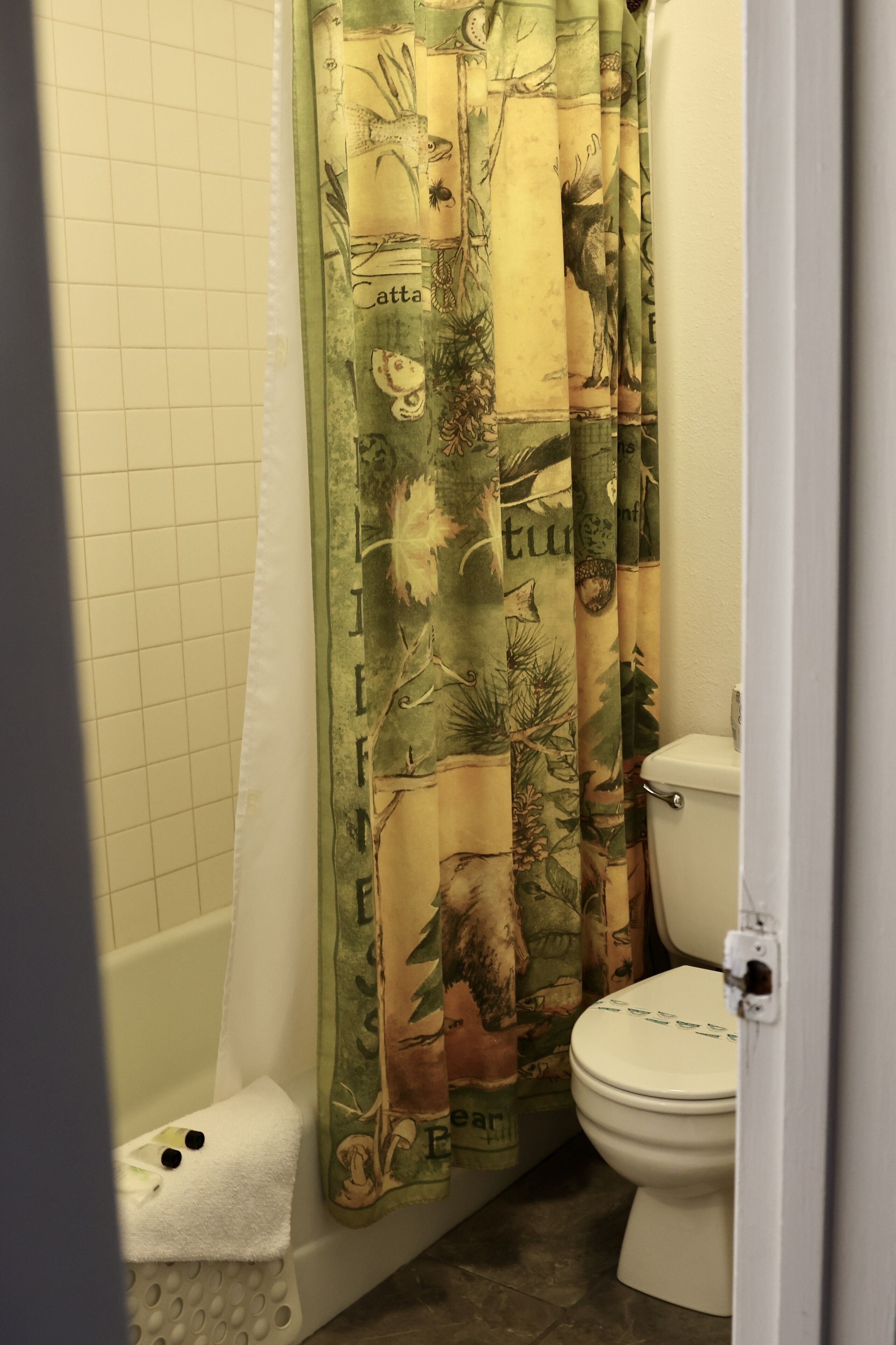 A bathroom with a shower curtain featuring a nature-themed print, a white toilet, and a tiled wall.