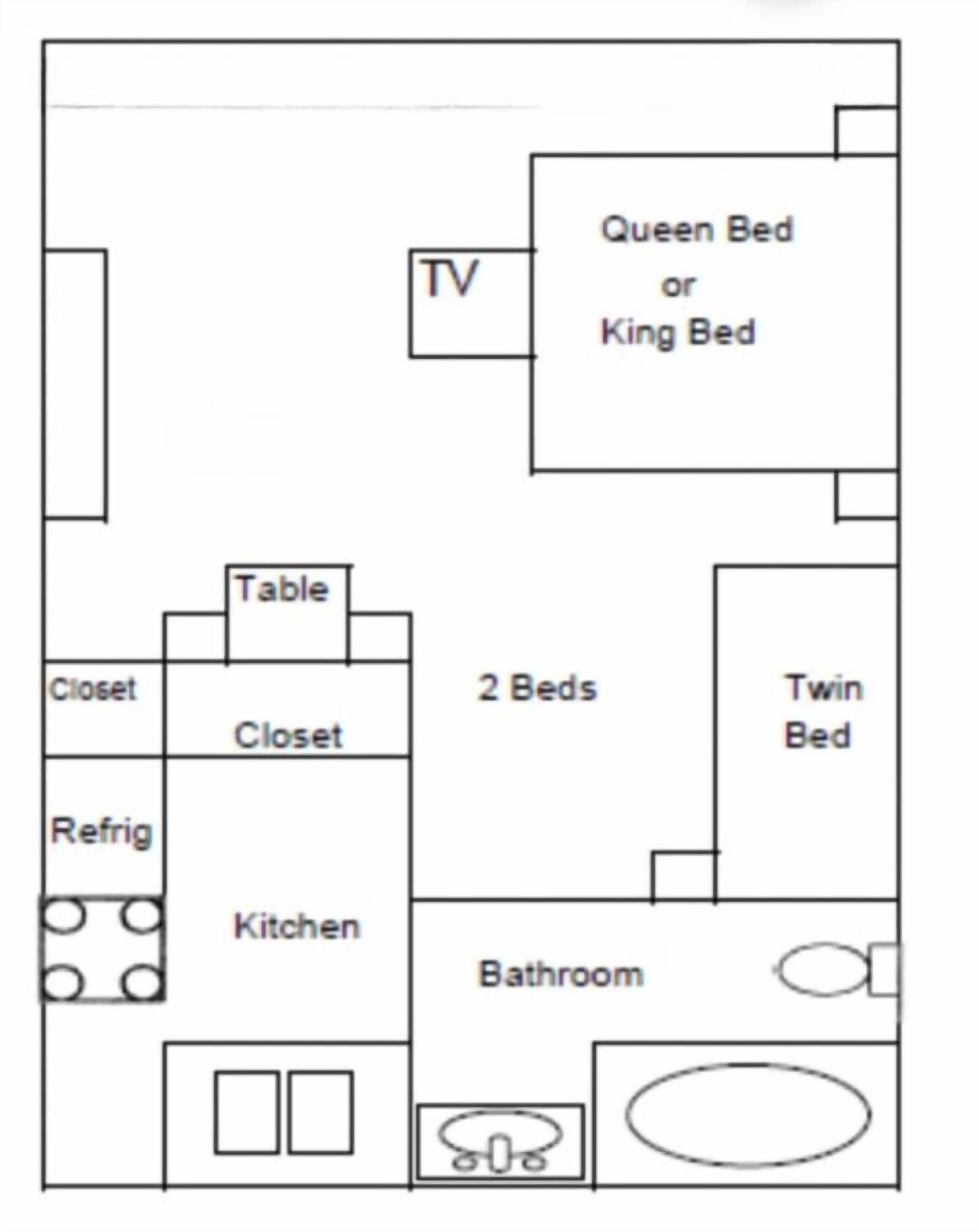 A room layout with a TV, queen or king bed, two beds, twin bed, closet, fridge, kitchen, and bathroom.