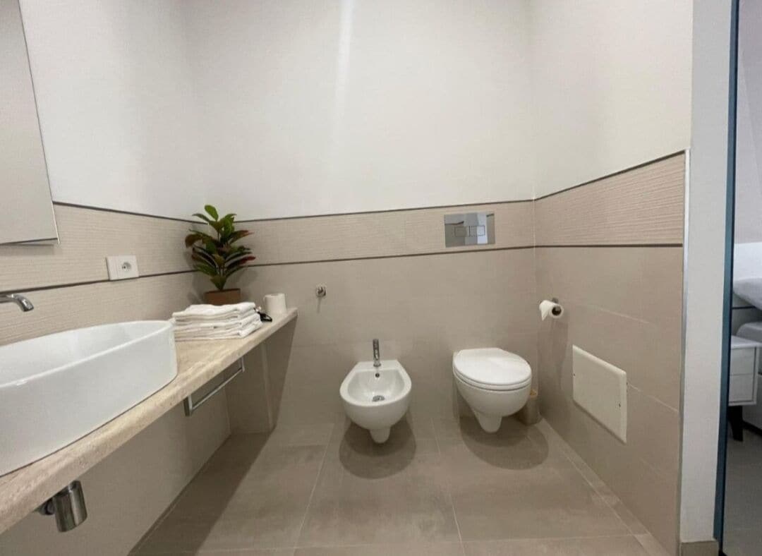 Une petite salle de bain moderne avec un lavabo blanc, un bidet et des toilettes. On y trouve une plante sur le comptoir et un distributeur de serviettes.