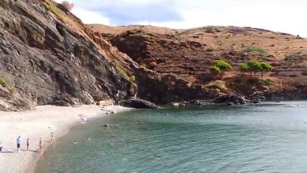 Une plage côtière bordée de falaises rocheuses et dotée d’une végétation clairsemée.