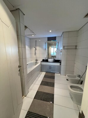 Jetted tub, hair dryer, bidet, towels