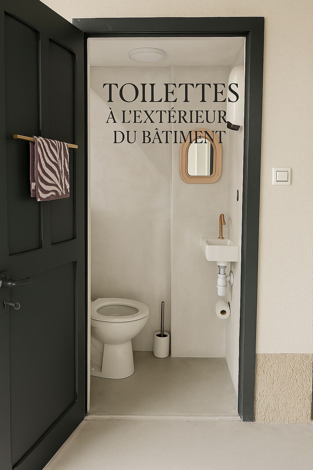 Ein Durchgang zu einem kleinen, einfachen Badezimmer mit Toilette, Waschbecken und Spiegel.