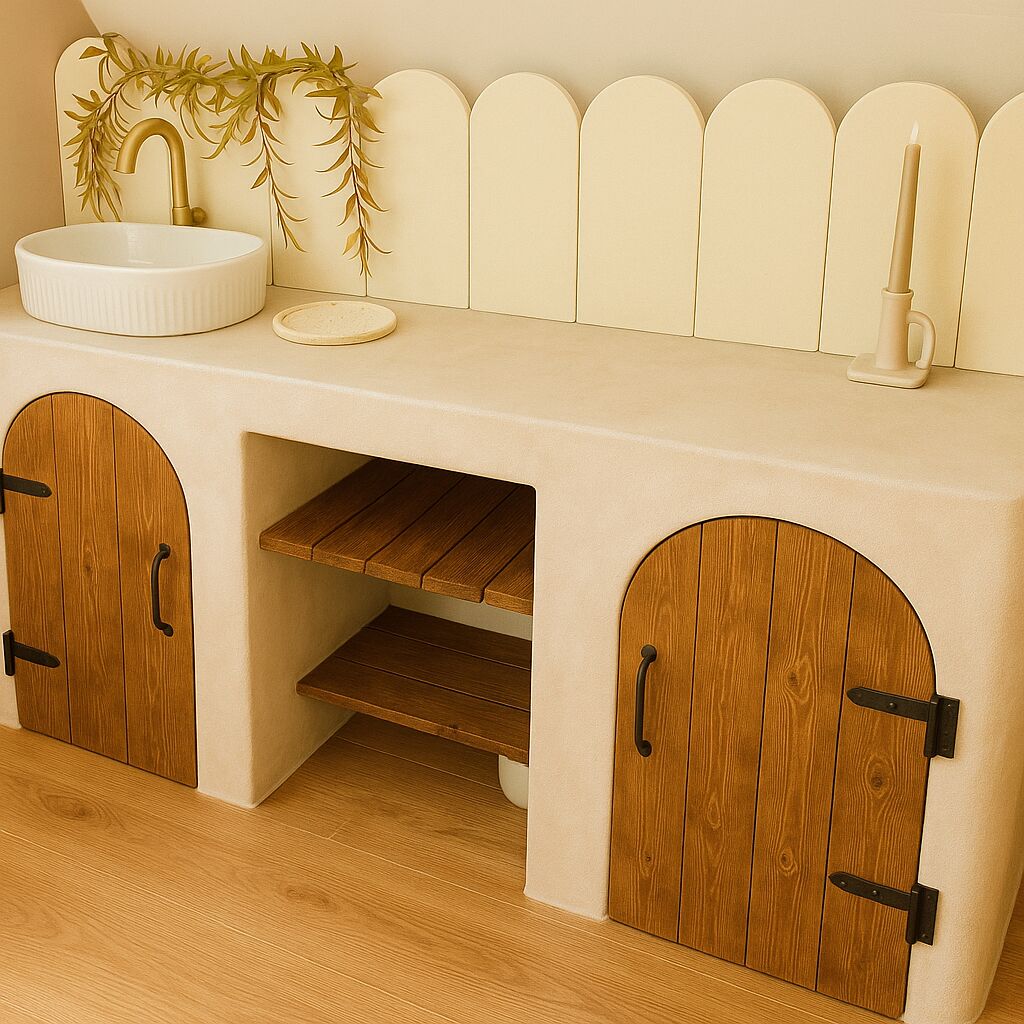 A bathroom with a wooden vanity, a sink, and a mirror.