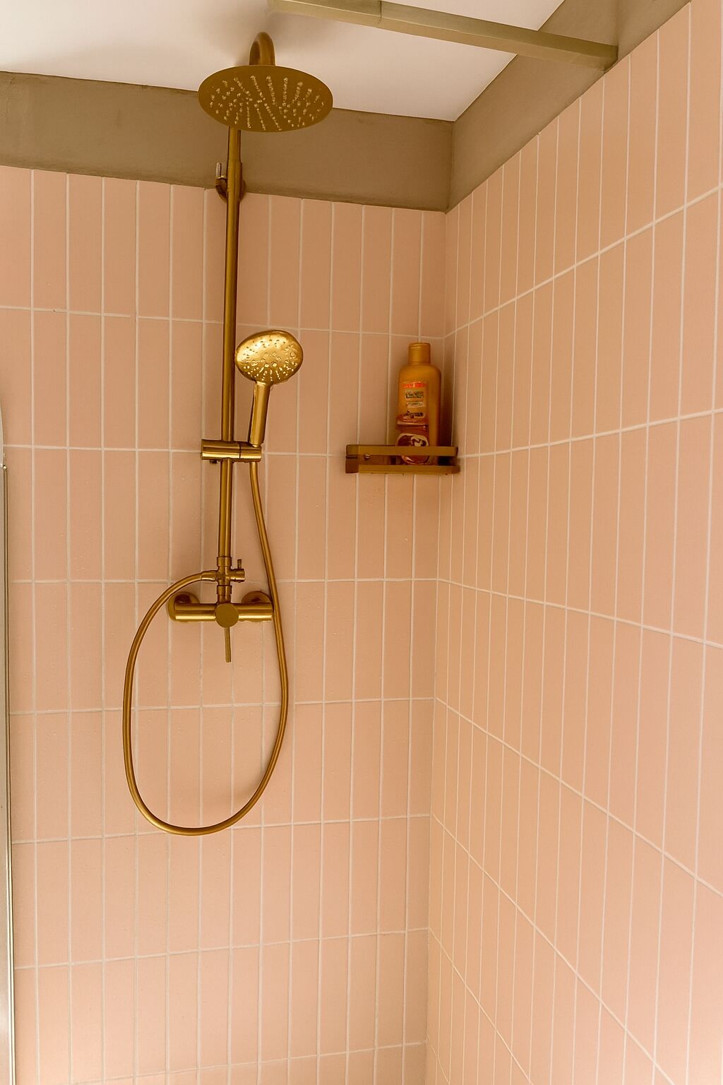 Une douche dotée d’un pommeau de douche doré et d’un flexible de douche amovible.
