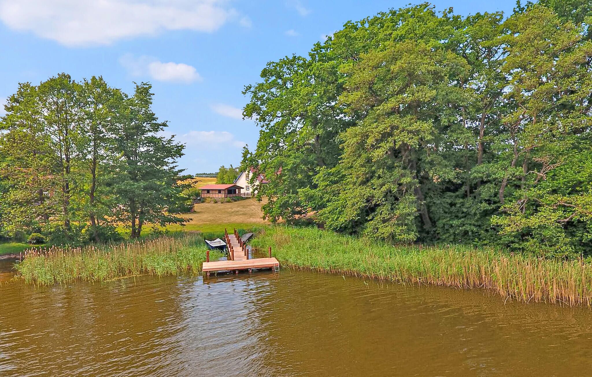 Eine hölzerne Anlegestelle erstreckt sich in einen ruhigen Fluss, umgeben von üppigem Grün und Bäumen.