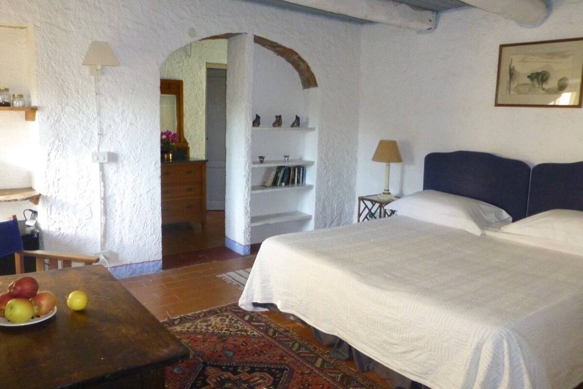 A bedroom with a large bed, a wooden table with fruit, a patterned rug, and a white wall with shelves.