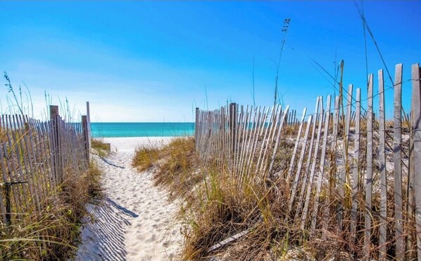 On the beach, sun loungers