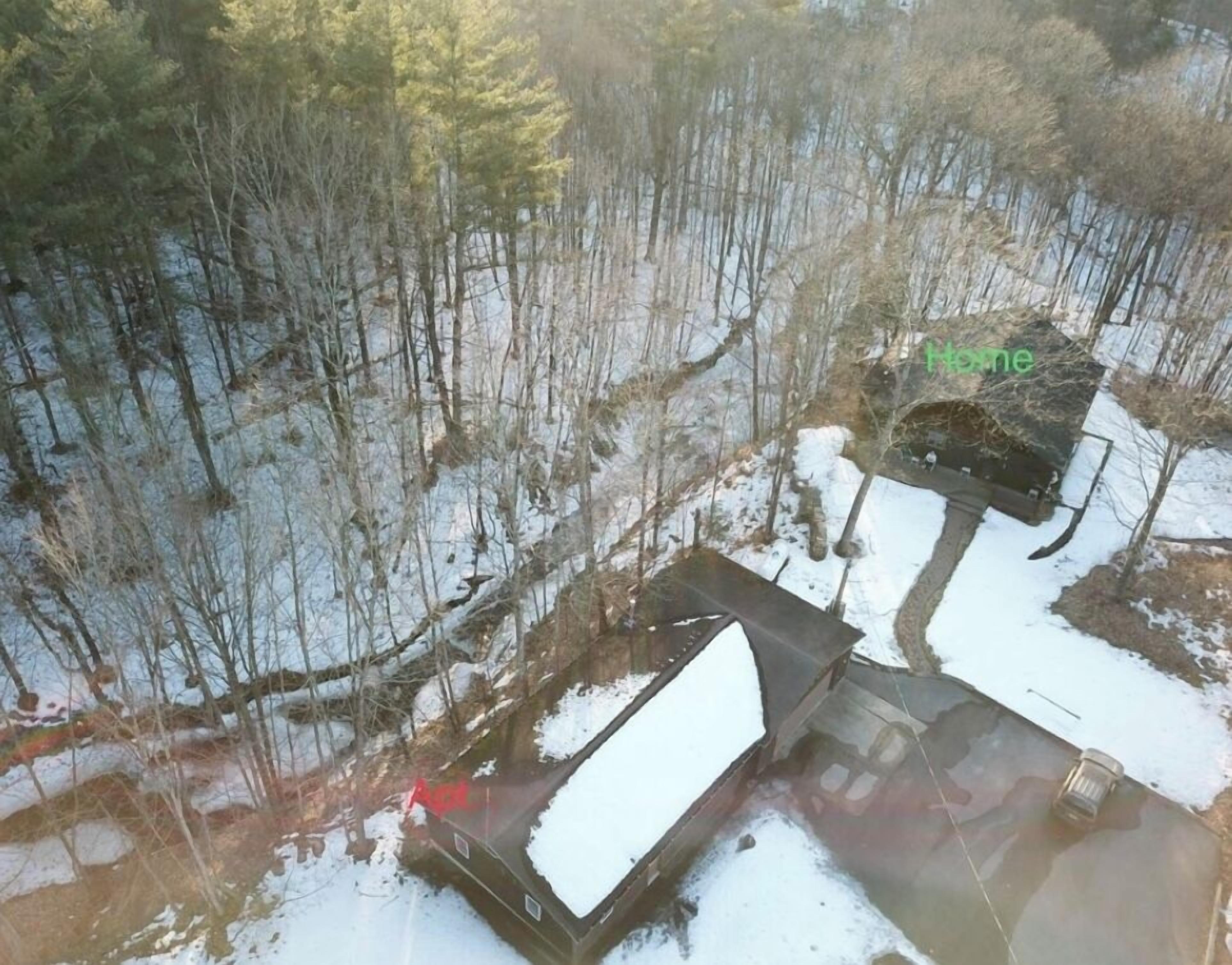 Une cabane entourée d’une forêt, et la neige recouvre le sol.
