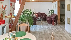 A cozy living room with a wooden floor, a brown leather sofa, a dining table with green placemats, and several potted plants.