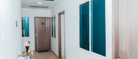 Un pasillo con suelo de madera, un tapete azul y una puerta con ventanal verde azulado.