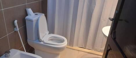 Secadora de cabello, toallas, jabón, papel de baño