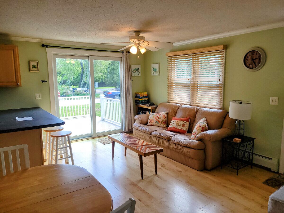 A living room with a sofa, a coffee table, a dining table, and a kitchen area with a counter.