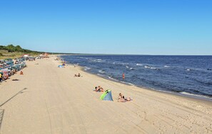 A beach with rows of beach chairs and umbrellas, a few tents, and people relaxing by the water.