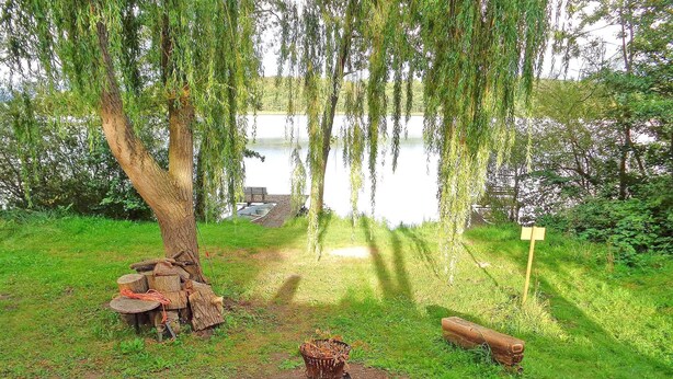 A serene lakeside setting with a large weeping willow tree, a wooden bench, and a rustic fire pit. - Ferienwohnung Hohen Sprenz (Hohen Sprenz)