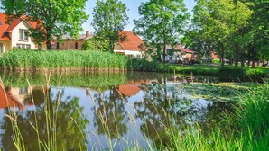 A serene pond with surrounding greenery and houses in the background. - Stunning apartment in Stolpe/Usedom (Stolpe/Usedom)