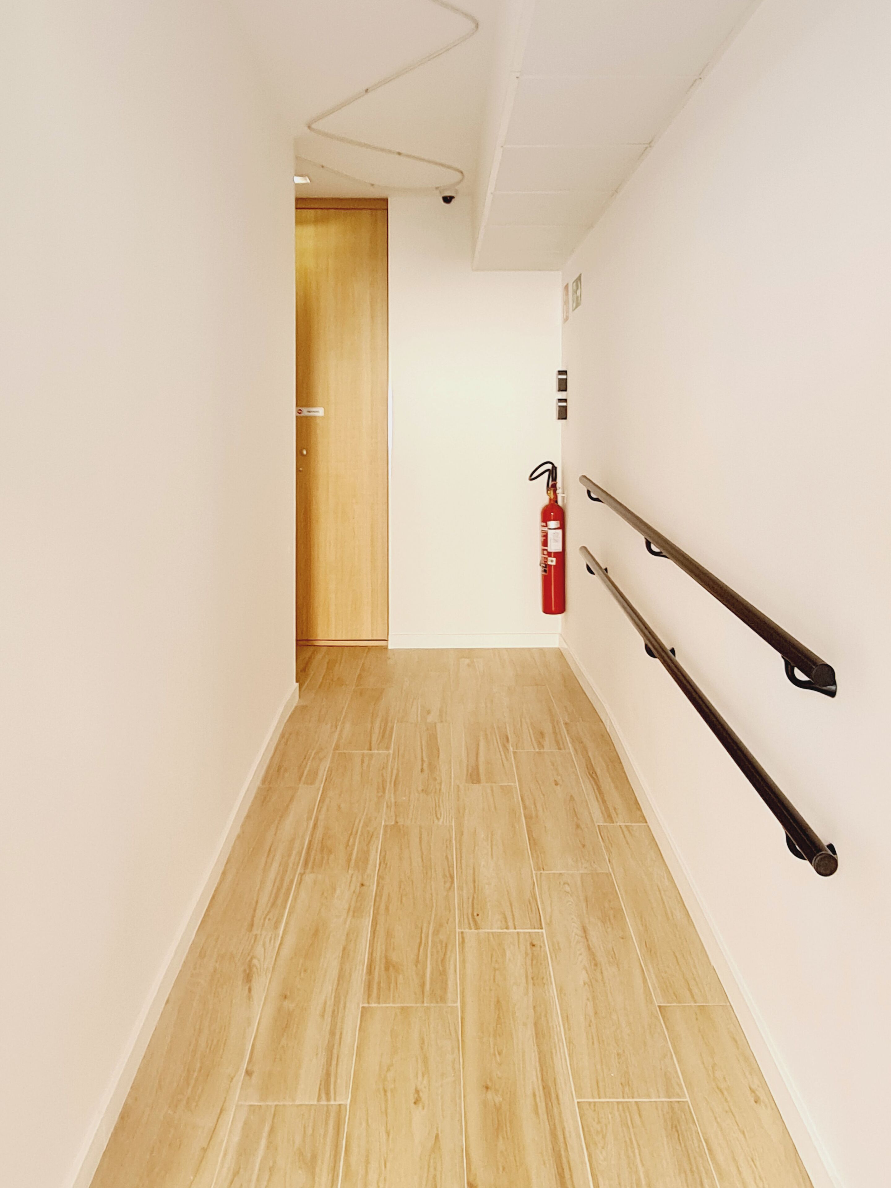 A hallway with a wooden door at the end, a fire extinguisher mounted on the wall, and a ceiling with exposed wiring.