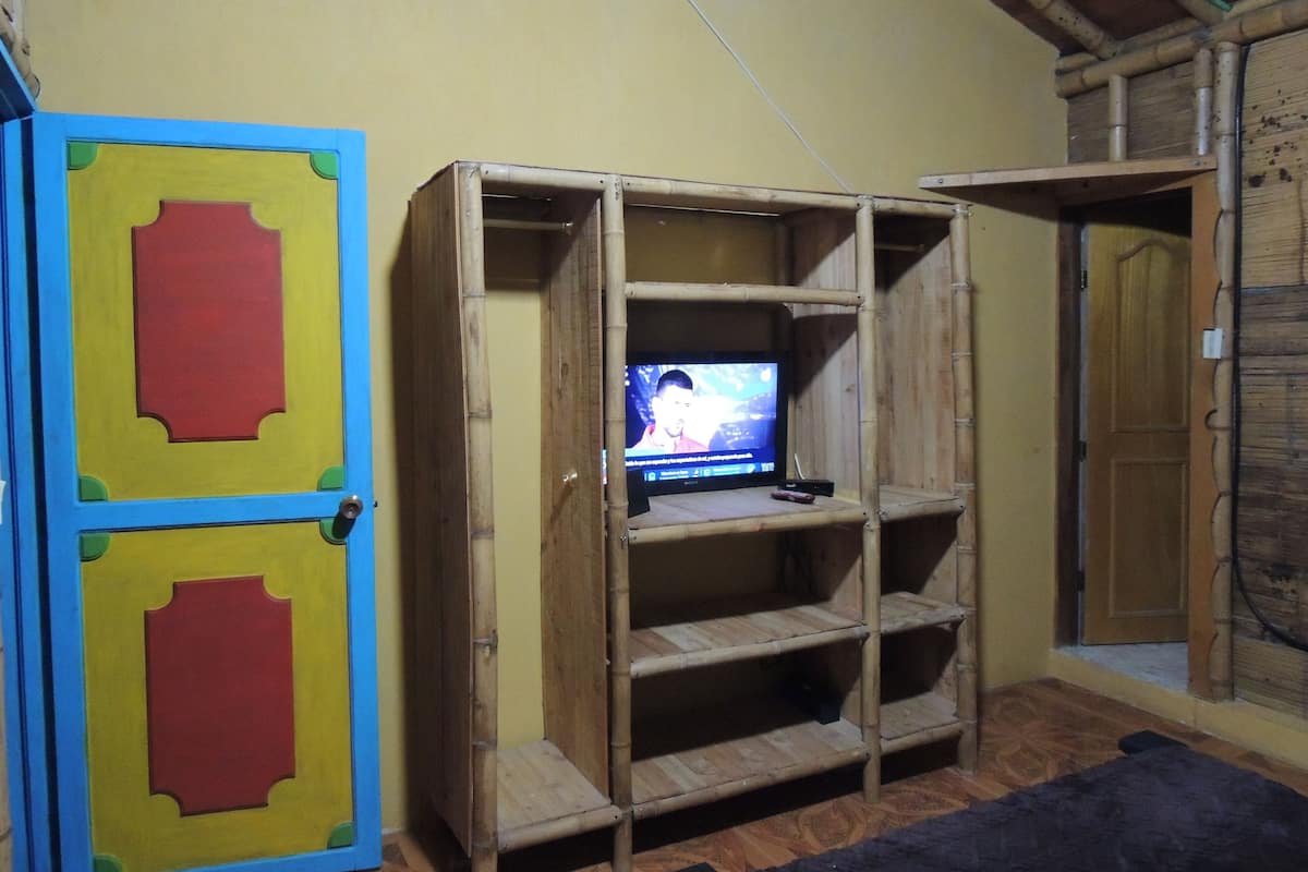A room with a television on a wooden shelf, a door with a colorful frame, and a bamboo structure.