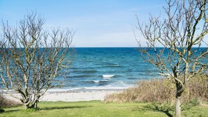 A beach with clear blue water, a sandy shore, and leafless trees in the foreground. - Awesome home in Sjællands Odde (Sjællands Odde)