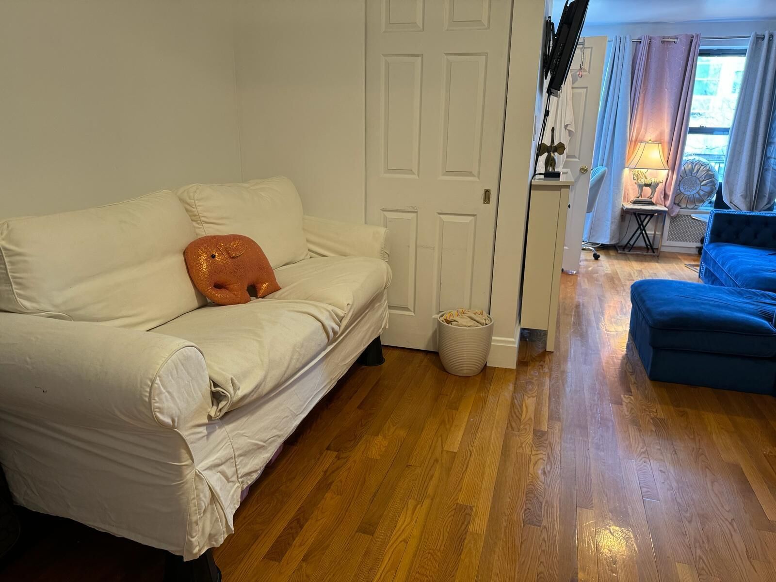 A living room with a white sofa, a blue sofa, and a wooden floor.