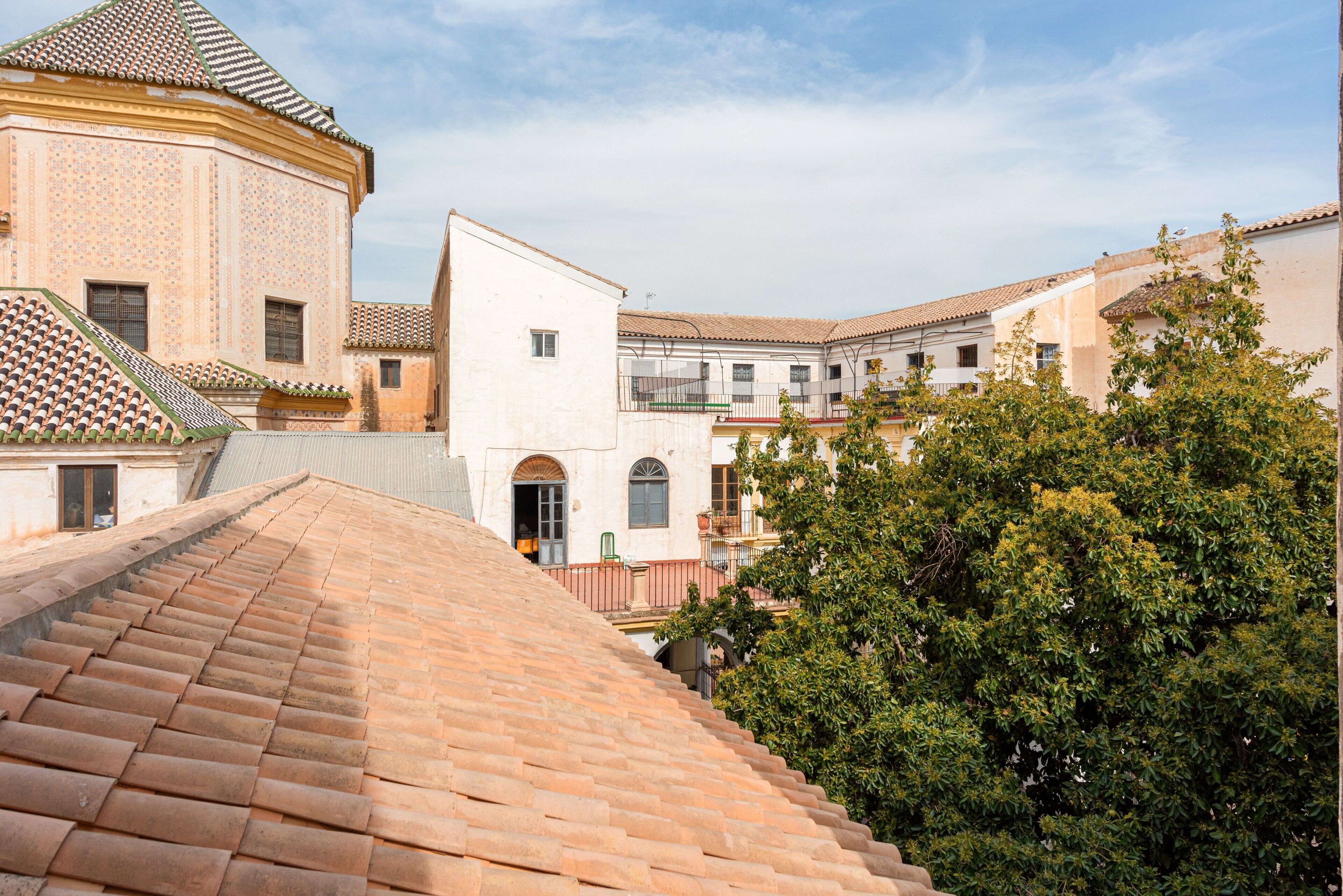 Un patio con edificios, techo de tejas y un árbol.