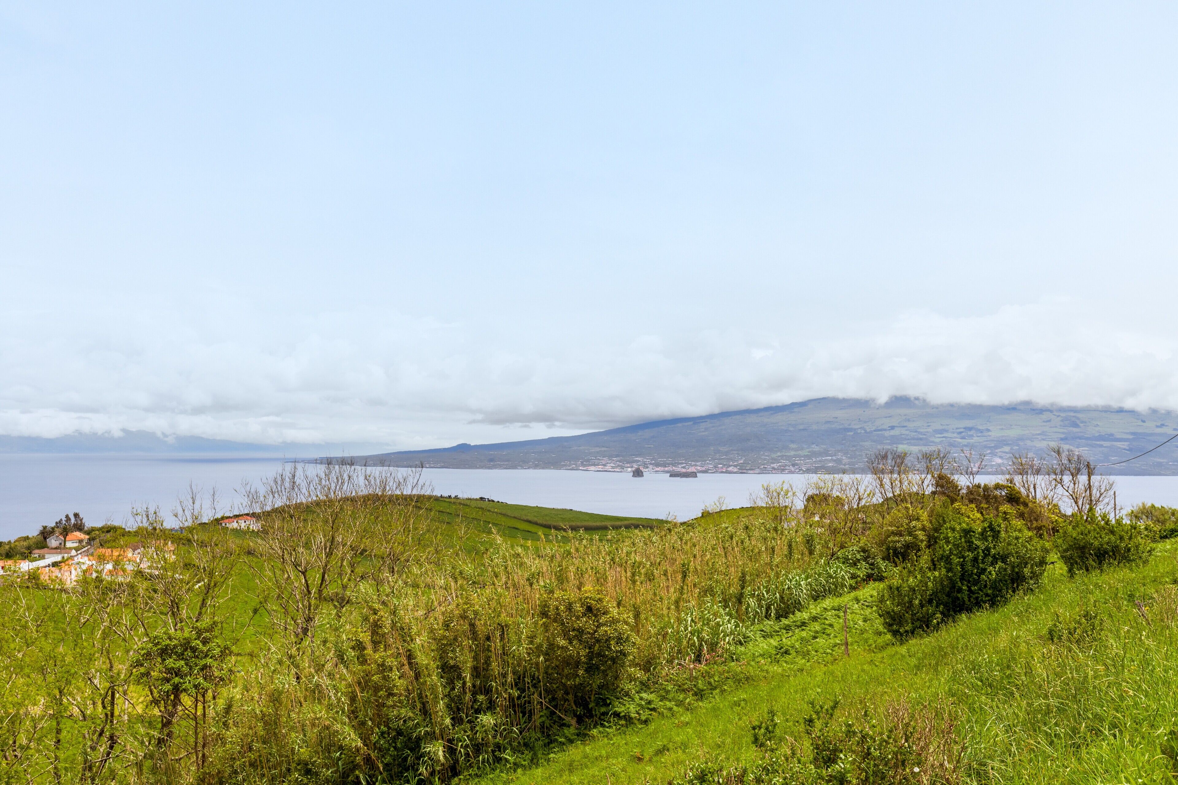 Un paysage côtier offrant une vue sur la mer, une montagne lointaine et une colline herbeuse.