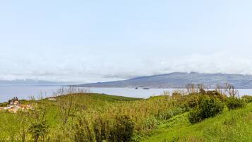 Un paysage côtier offrant une vue sur la mer, une montagne lointaine et une colline herbeuse.