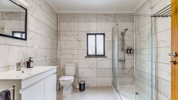 Shower, hair dryer, towels