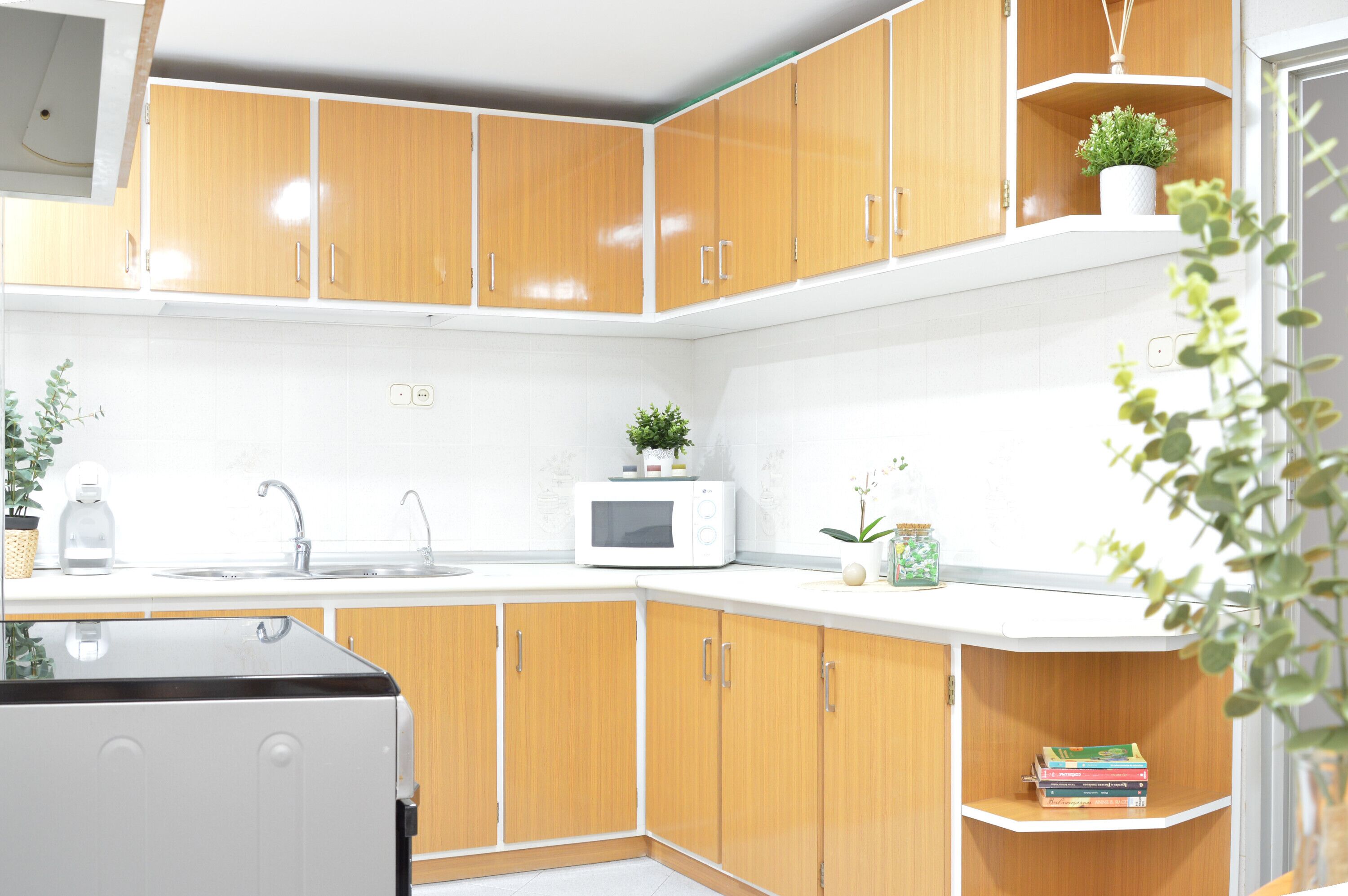 Frigorífico, microondas, horno y placa de cocina