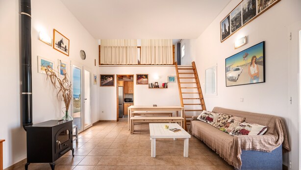 Un salon comprenant un canapé, une table basse, une cheminée, une échelle en bois et un escalier menant à un niveau supérieur.