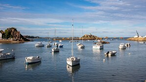 Un port de plaisance où sont amarrés de nombreux bateaux, avec une eau calme et un paysage rocheux en arrière-plan.