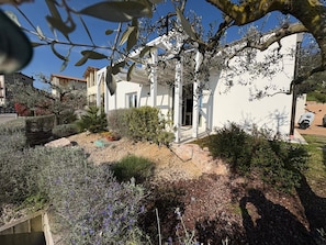 Un bâtiment blanc doté d’une entrée abritée, entouré de divers arbustes et plantes.