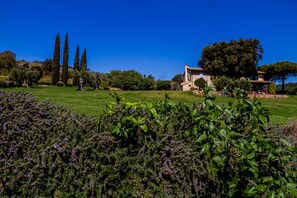 A stone building with a garden, tall cypress trees, and a clear blue sky. - Apartment 'Casa Rose' with Sea View, Wi-Fi and Air Conditioning (Orbetello)
