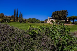 A stone building with a garden, tall cypress trees, and a clear blue sky.