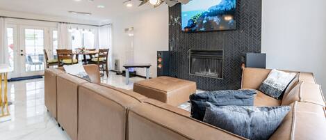 Smart TV, fireplace, video games, books