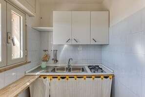 Refrigerador, parrilla de estufa, utensilios de cocina y condimentos 