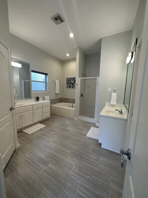 Shower, towels, soap, shampoo