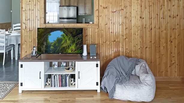 Un salon avec un mur en bois, un téléviseur à écran plat, un meuble de rangement blanc et un fauteuil en forme de poire de couleur grise.
