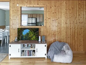 TV connectée, cheminée, livres