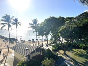 A beach with palm trees, umbrellas, and a building with a sloped roof.