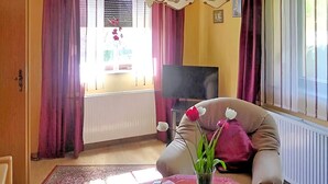 Ein Wohnzimmer mit einem beigen Sessel, einem kleinen Tisch mit Blumen in einer Vase, einer Fernbedienung und einem Buch. Ein Fenster mit Vorhängen, eine Heizung und ein Fernseher sind im Hintergrund zu sehen.