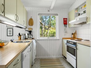 Fridge, dishwasher, cookware/dishes/utensils