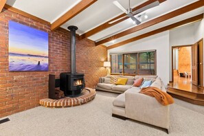 Smart TV, fireplace, video games, DVD player