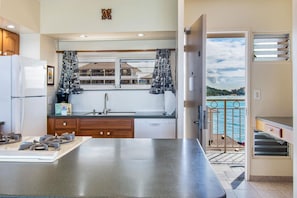 A modern kitchen with a large island, a built-in dishwasher, and a view of the sea through a balcony.