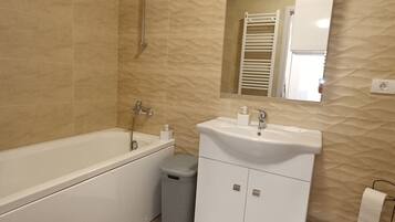 Hair dryer, towels, soap, toilet paper