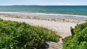 Une plage avec une promenade en bois menant au rivage, entourée d’une végétation verdoyante et de fleurs roses.