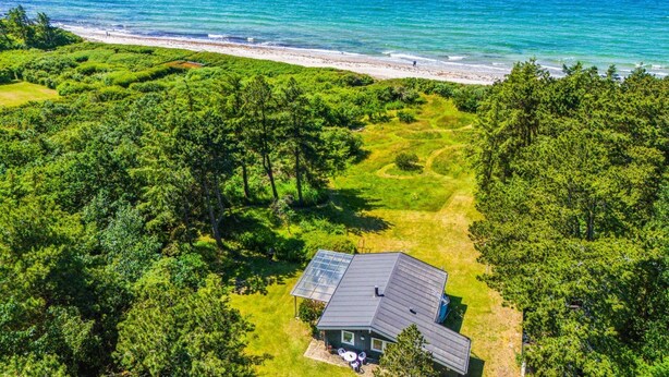Une maison avec un toit en pente et des panneaux solaires, entourée d’une forêt dense et d’une plage.